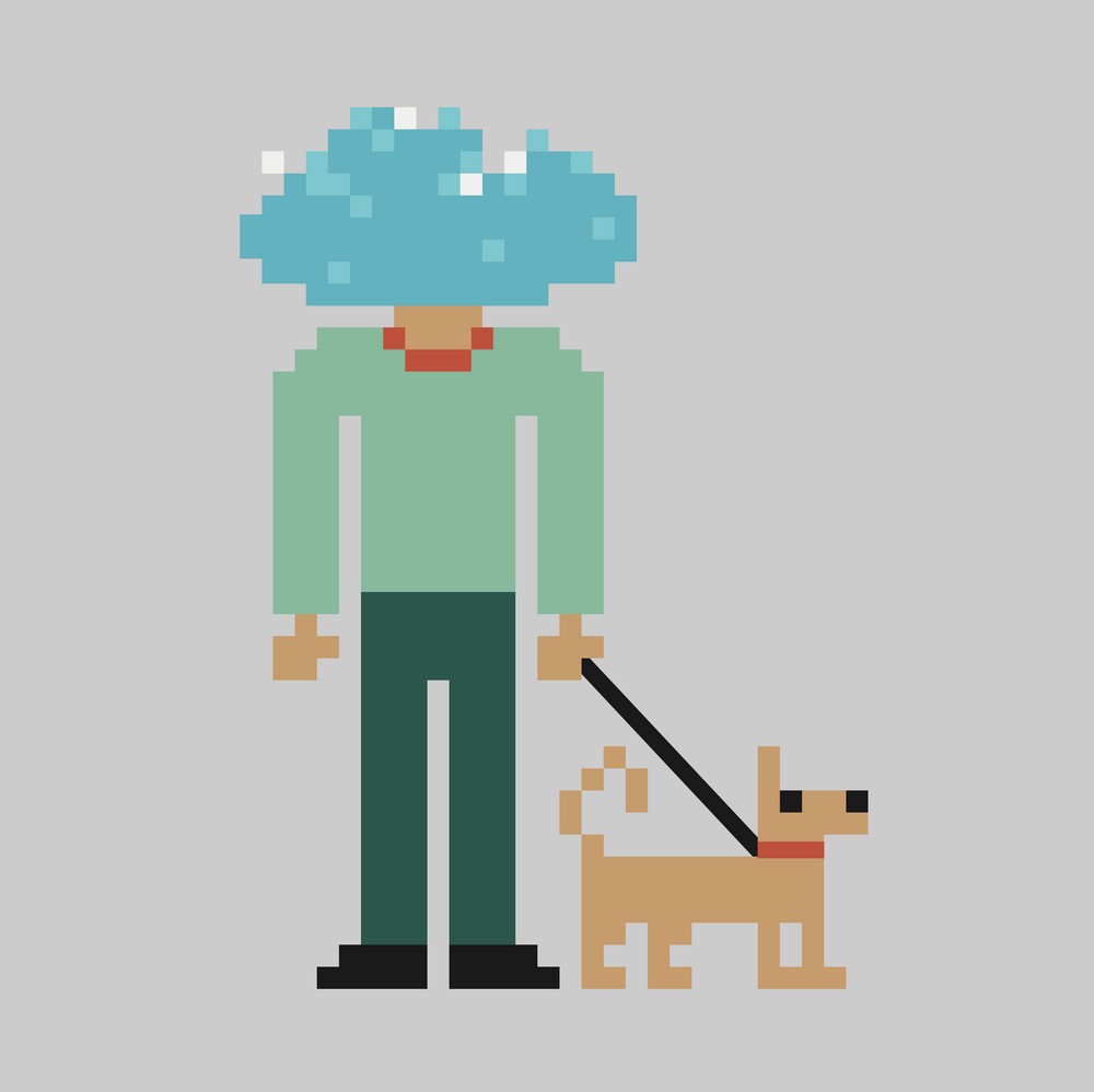 Pixelated image of a ban with a dog